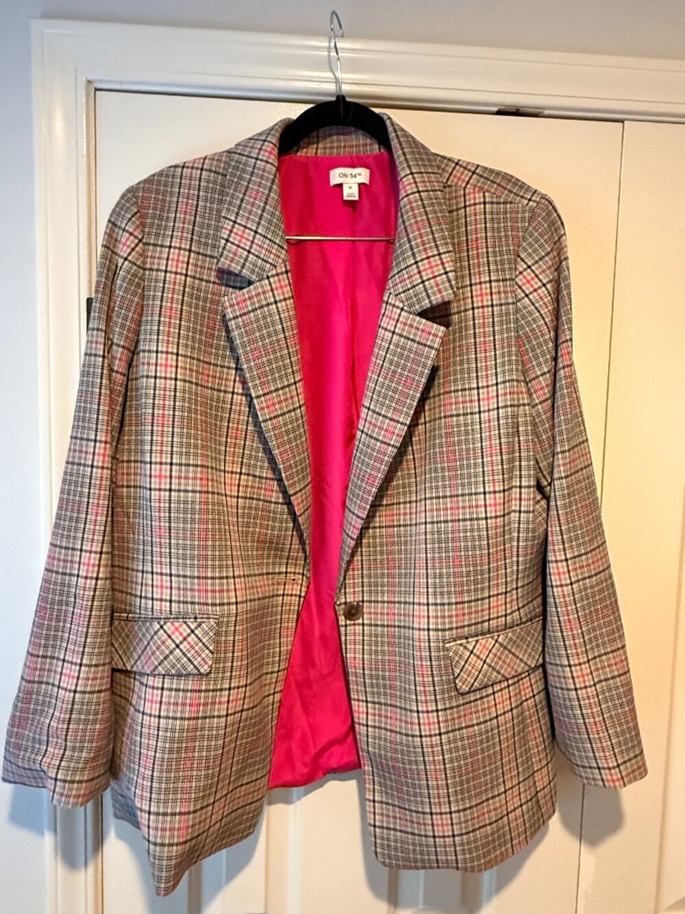 On 34th Plaid Boyfriend Blazer XL Gray Pink Lined Macy's